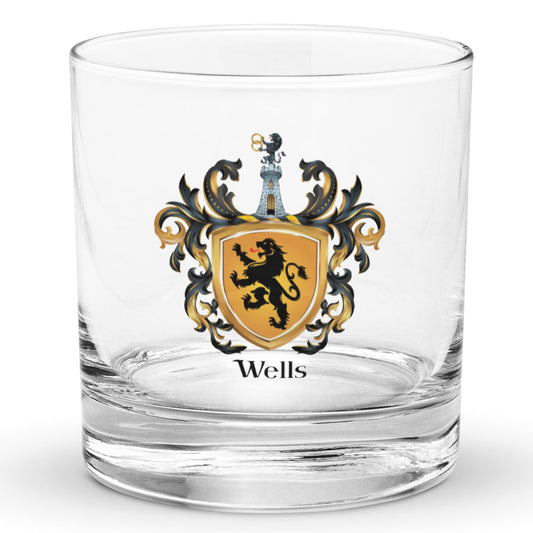 Wells Family Crest Rocks Glass with black lion on gold shiield -Family Crests Store