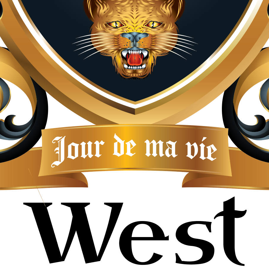 A close of the West coat of arms featuring a leopard head on a black shield, a gold motto  banner reading 'Jour de ma vie,' and the word 'West' in large black serif text below on a white background.