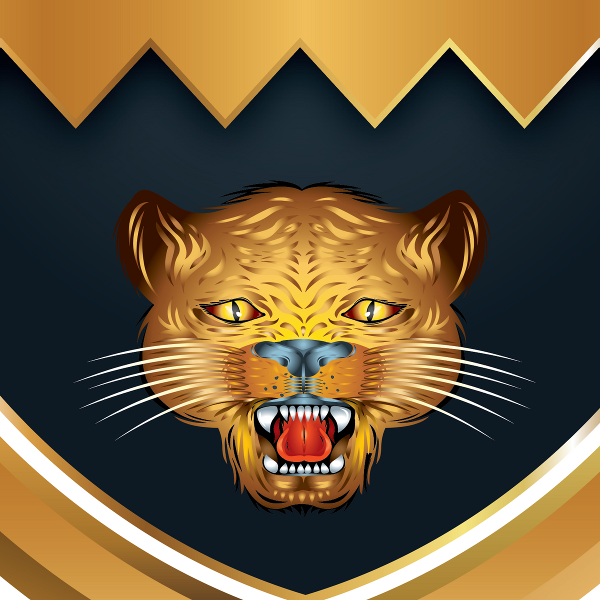 A close of the West coat of arms featuring a stylized roaring leopard head centered on a dark navy background with gold decorative border shapes at the top and bottom.