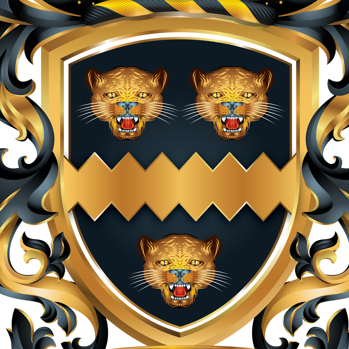 A close of the West coat of arms featuring a  heraldic shield with three roaring leopard heads on a dark navy background, framed by ornate gold and black scrollwork.