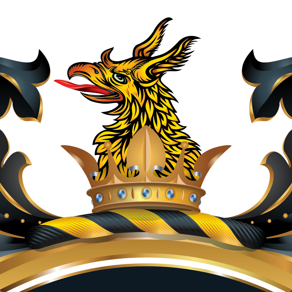 A close of the West coat of arms featuring  a crown and griffin head, with black and gold mantling on a white background.