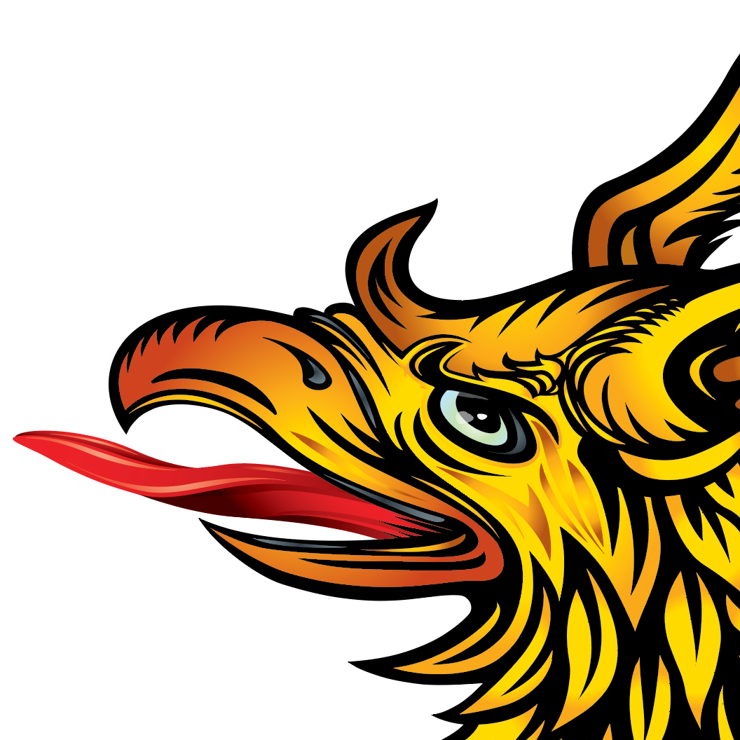 A close of the West coat of arms featuring a stylised graphic illustration of a griffin head in profile, rendered in bold black outlines with yellow, orange, red, and blue details on a white background.