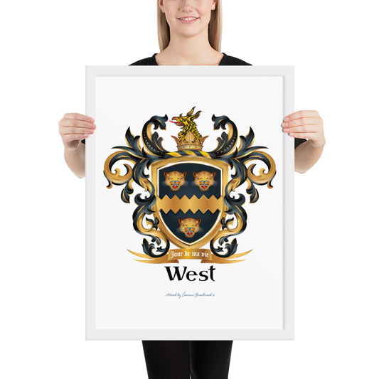 West Family Crest framed artprint with with three golden leopard heads -Family Crests Store