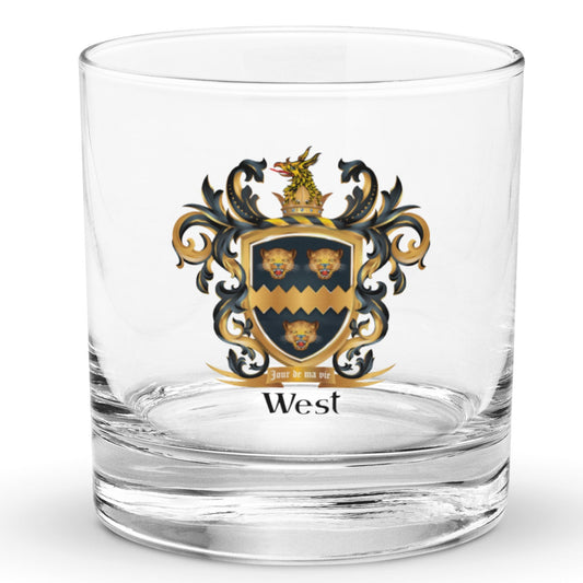 West Family Crest Rocks Glass with three golden leopard heads - Family Crests Store