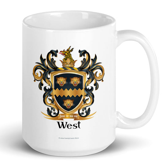 West Family Crest mug with 3 leopards -Family Crests Store