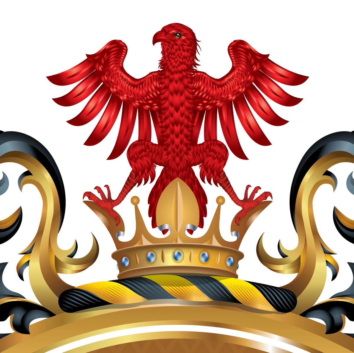 A close up of the Wheeler Family Crest featuring a red eagle standing on a gold crown, with ornate gold and black mantling below, shown on a plain white background.