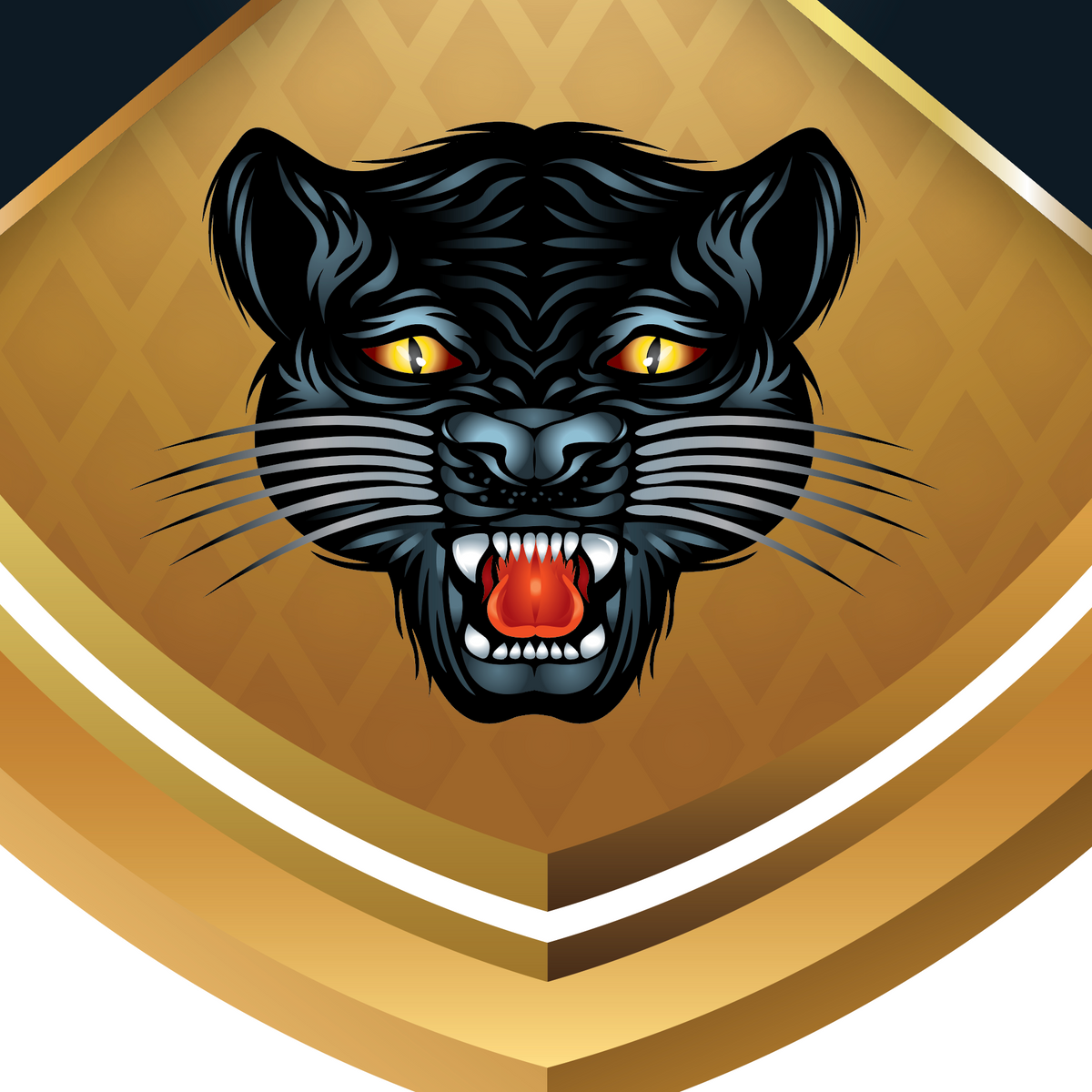 A close up of the Wheeler Family Crest featuring a heraldic style black panther head graphic centered on a gold shield-with a diamond pattern, white curved border lines, and sections of chevron showing at the top corners.