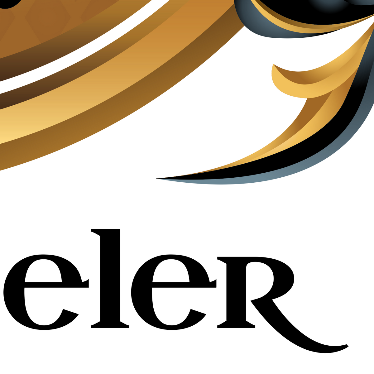 A close up of the Wheeler Family Crest featuring  gold curved brush-like mantling above detail of black serif lettering of letters e, l, e amd r on a white background.