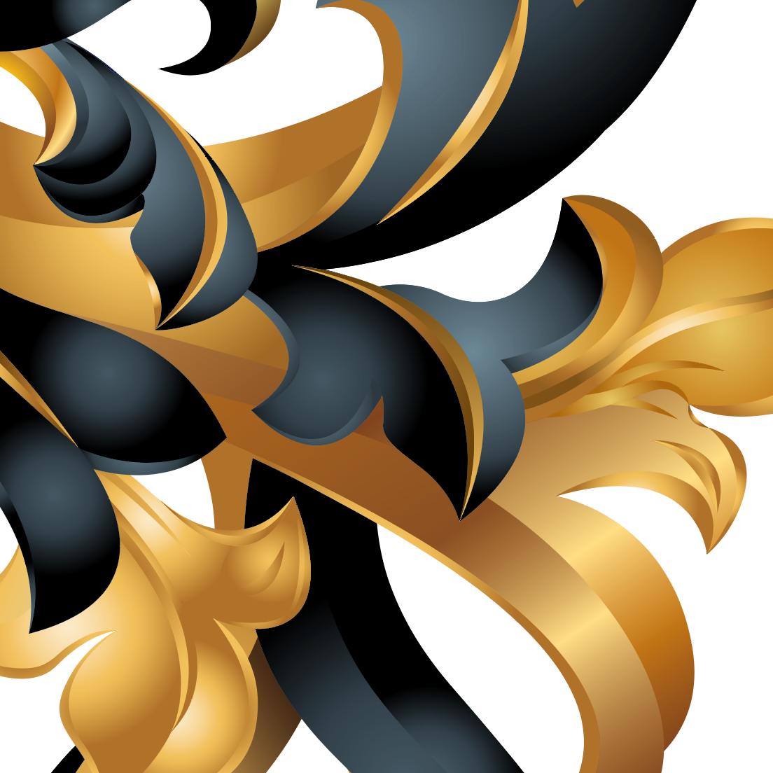 A close up of the Wheeler Family Crest featuring a  baroque-style ribbon mantling design in gold and black on a white background.