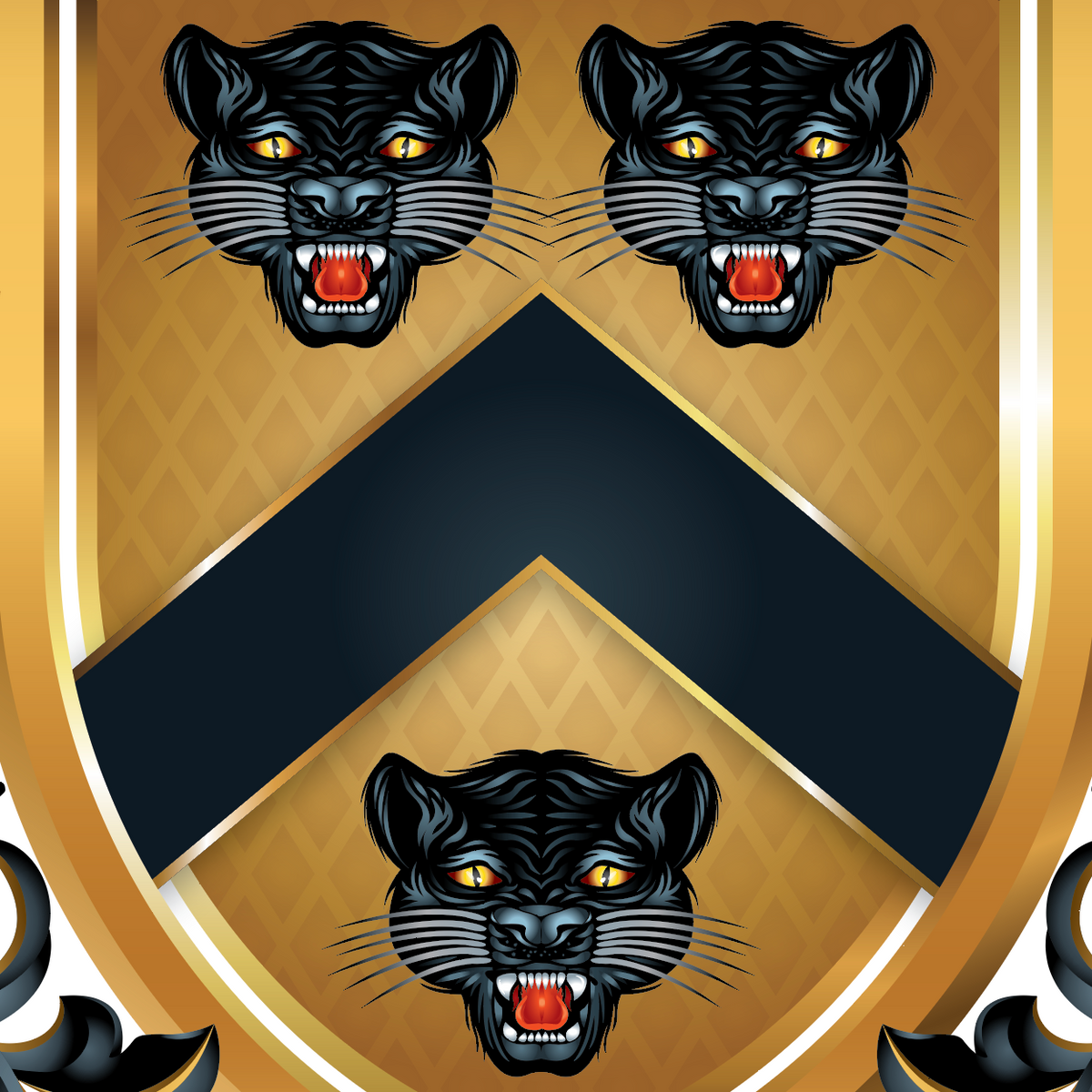 A close up of the Wheeler Family Crest heraldic shield featuring three black panther heads with yellow eyes and red tongues, separated by a black chevron on a gold patterned background, with ornate black and gold mantling at the corners.