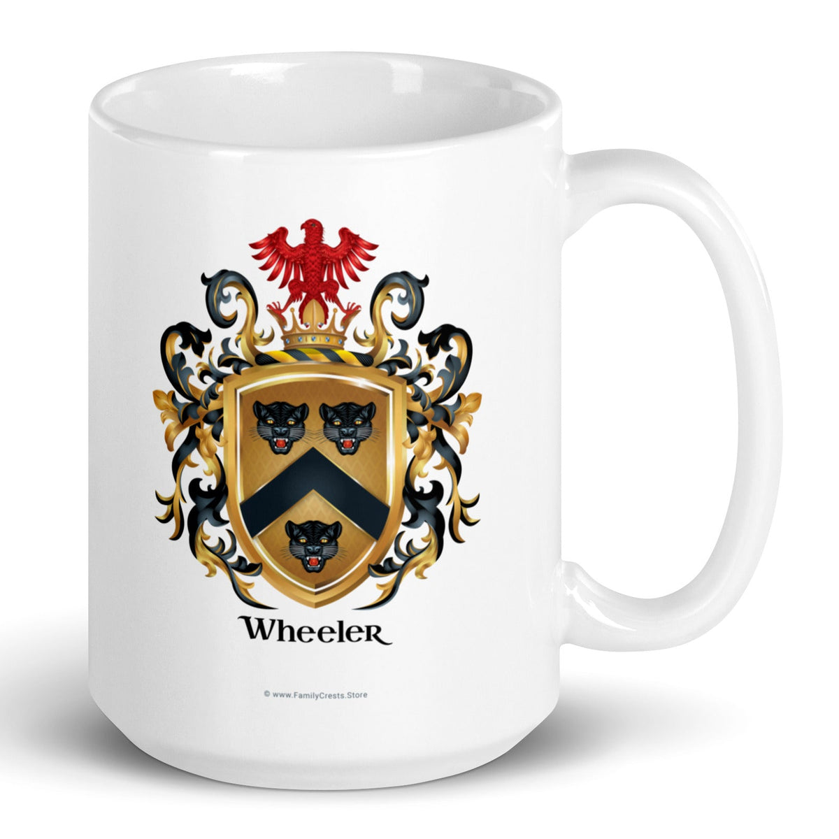 Wheeler Family Crest on a white mug featuring the Wheeler coat of arms with 3 black leopard heads and a red eagle -Family Crests Store