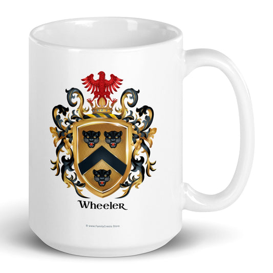 Wheeler Family Crest on a white mug featuring the Wheeler coat of arms with 3 black leopard heads and a red eagle -Family Crests Store