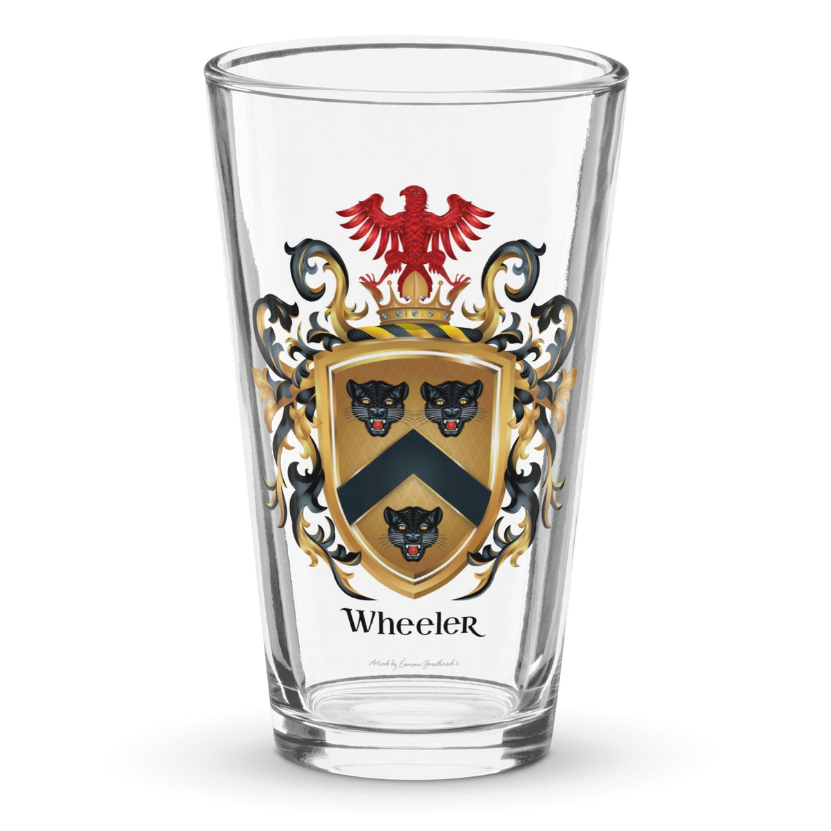 Wheeler Family Crest on a classic pint beer glass featuring the Wheeler coat of arms with 3 black leopard heads and a red eagle - Family Crests Store