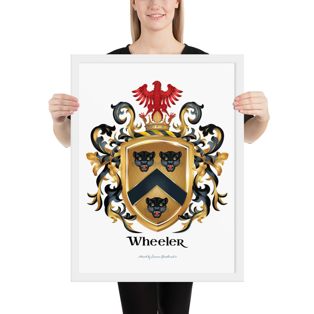 Wheeler Family Crest on a framed artprint featuring the Wheeler coat of arms with three black leopard heads and a red eagle - Family Crests Store