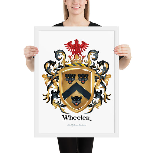 Wheeler Family Crest on a framed artprint featuring the Wheeler coat of arms with three black leopard heads and a red eagle - Family Crests Store