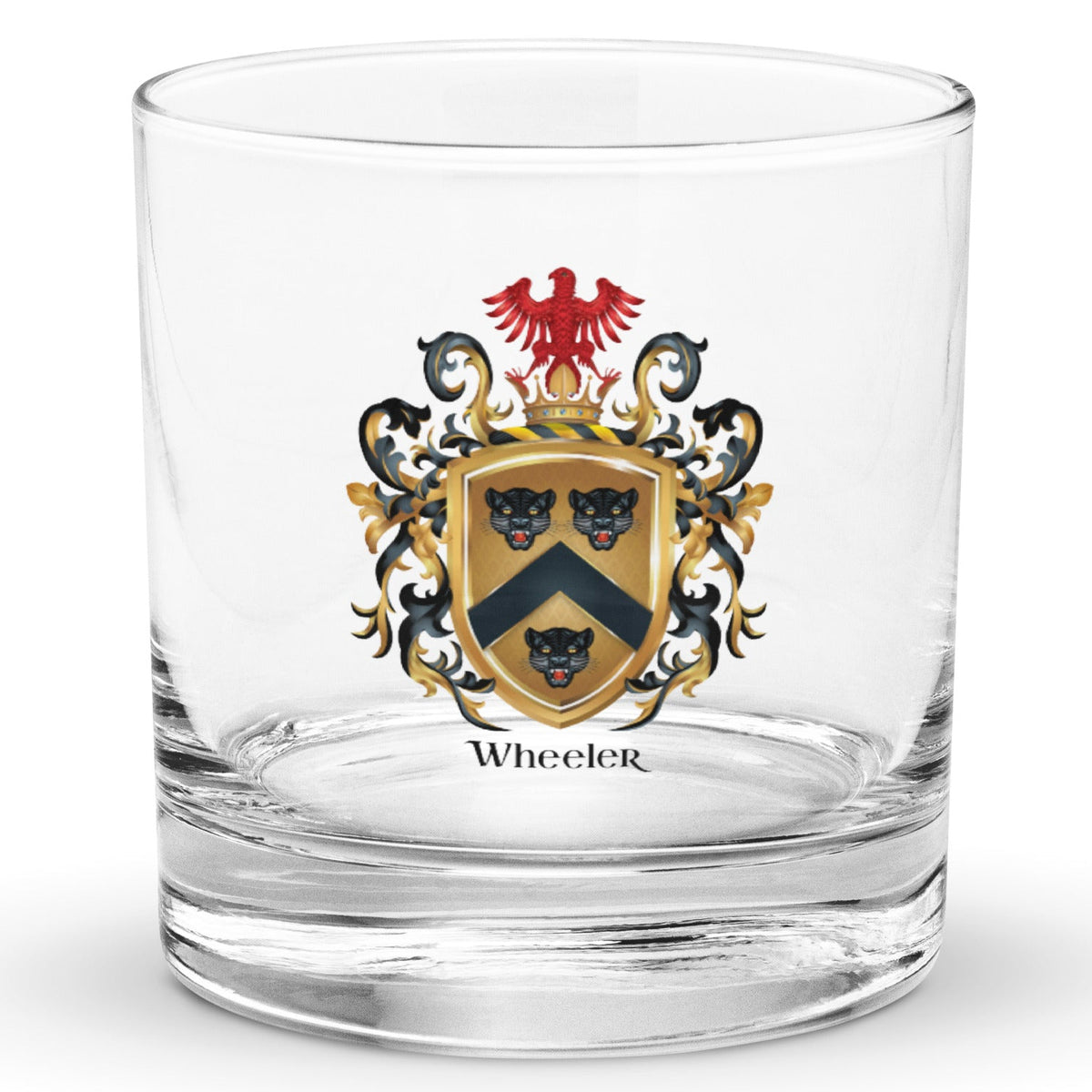 Wheeler Family Crest on a classic rocks glass featuring the Wheeler coat of arms with 3 black leopard heads and a red eagle - Family Crests Store