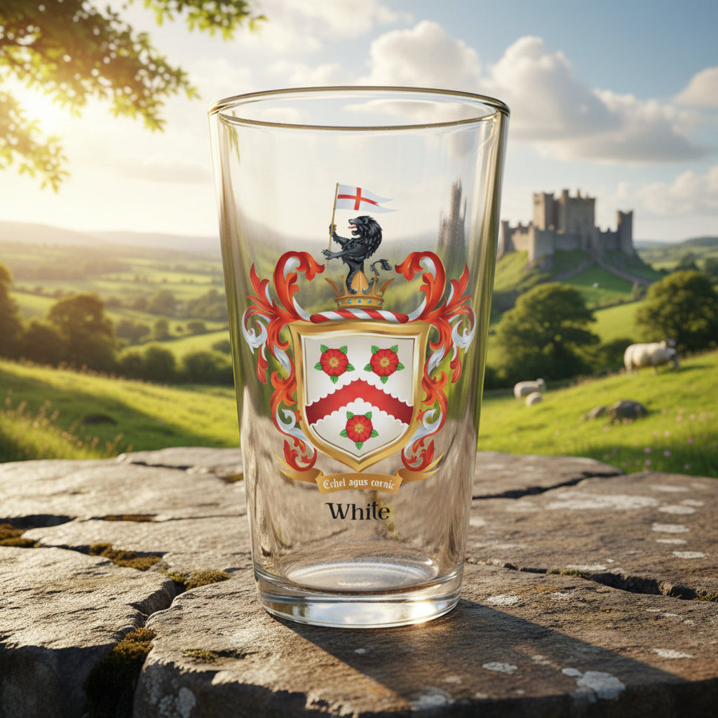 A clear pint glass featuring a printed White family crest with a black lion and red roses on a rock with a castle in the distant background.