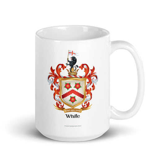 White Family Crest mug on a white background showing the coat of arms with 3 roses on a white shield and a lion with a flag in the crest -Family Crests Store