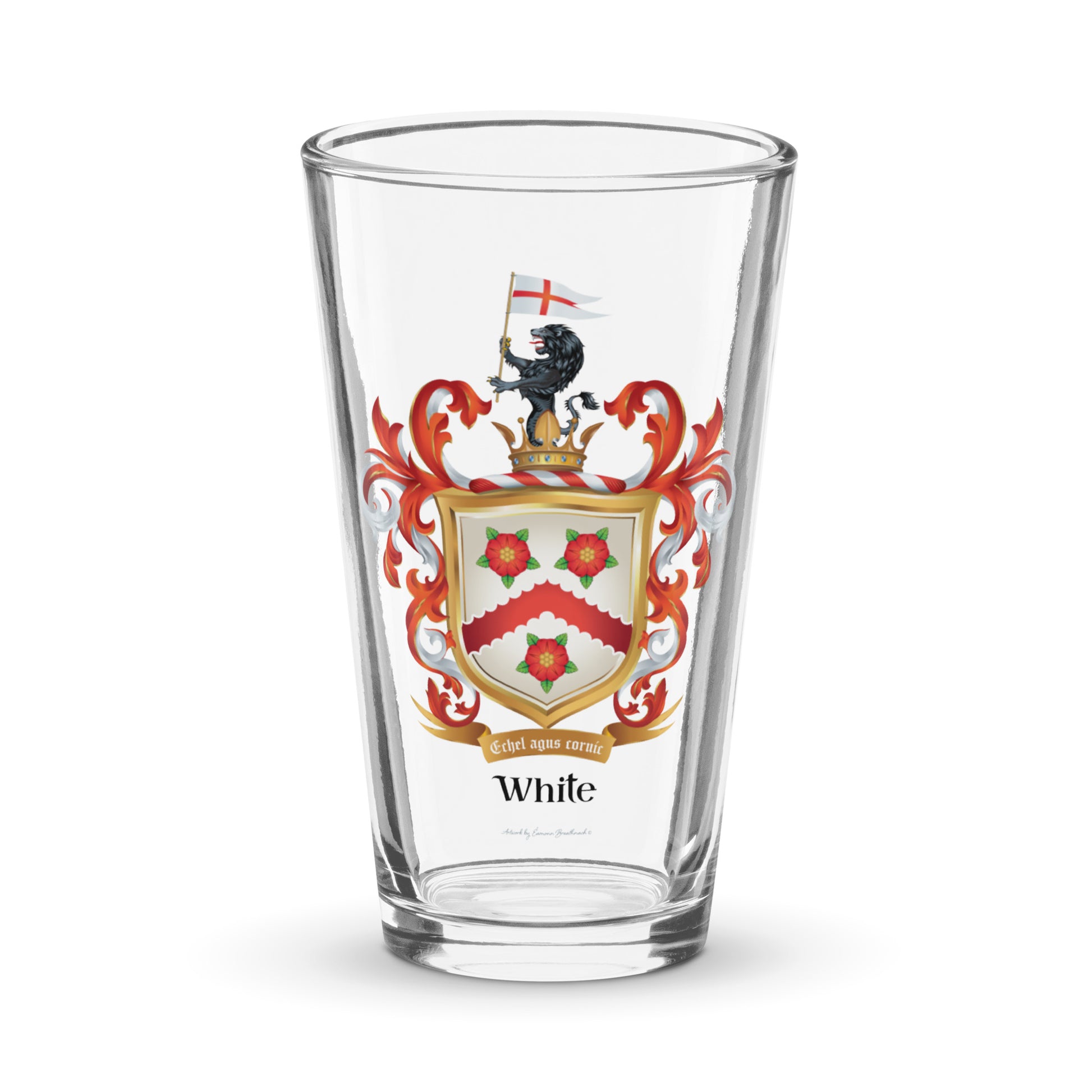 White Family Crest beer glass on a white background-Family Crests Store