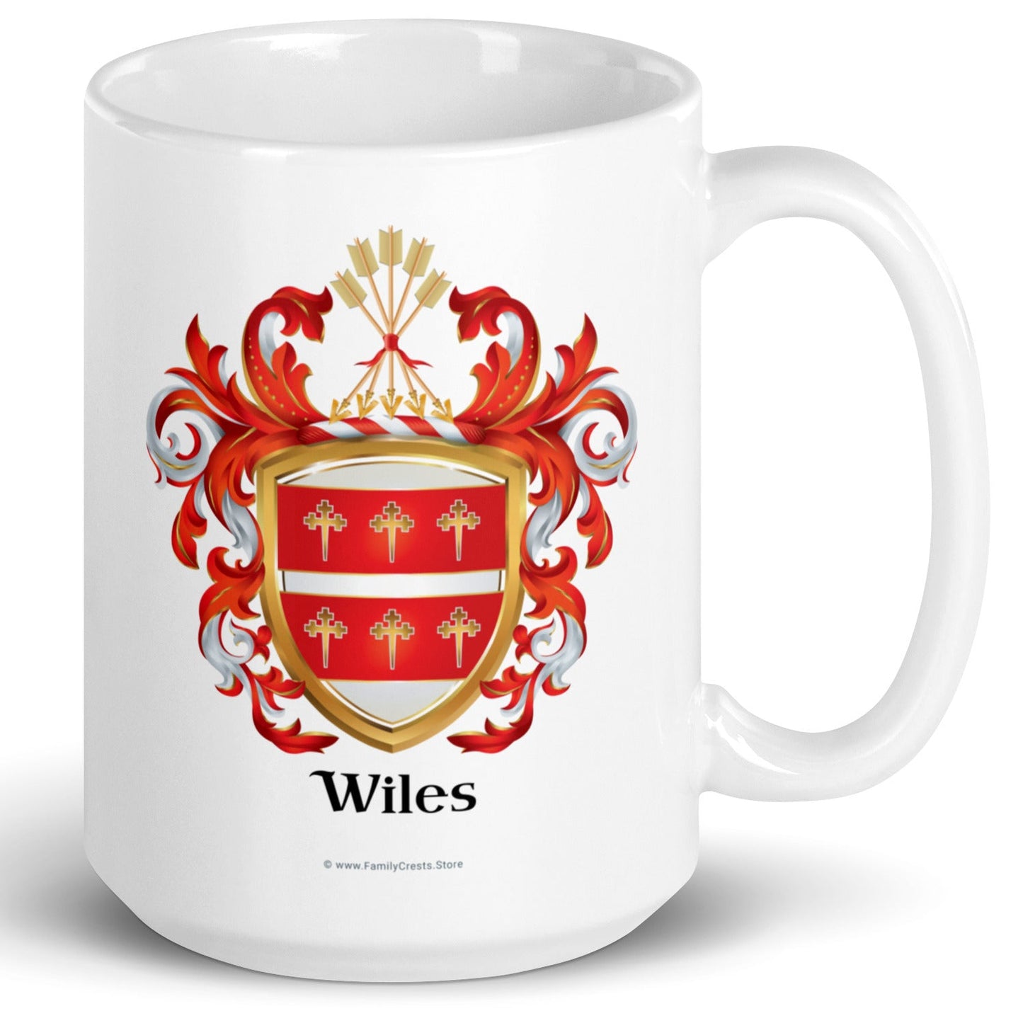 A white mug withe Wiles Family Crest featuring 6 gold crosses and 5 gold arrows, on a white background,