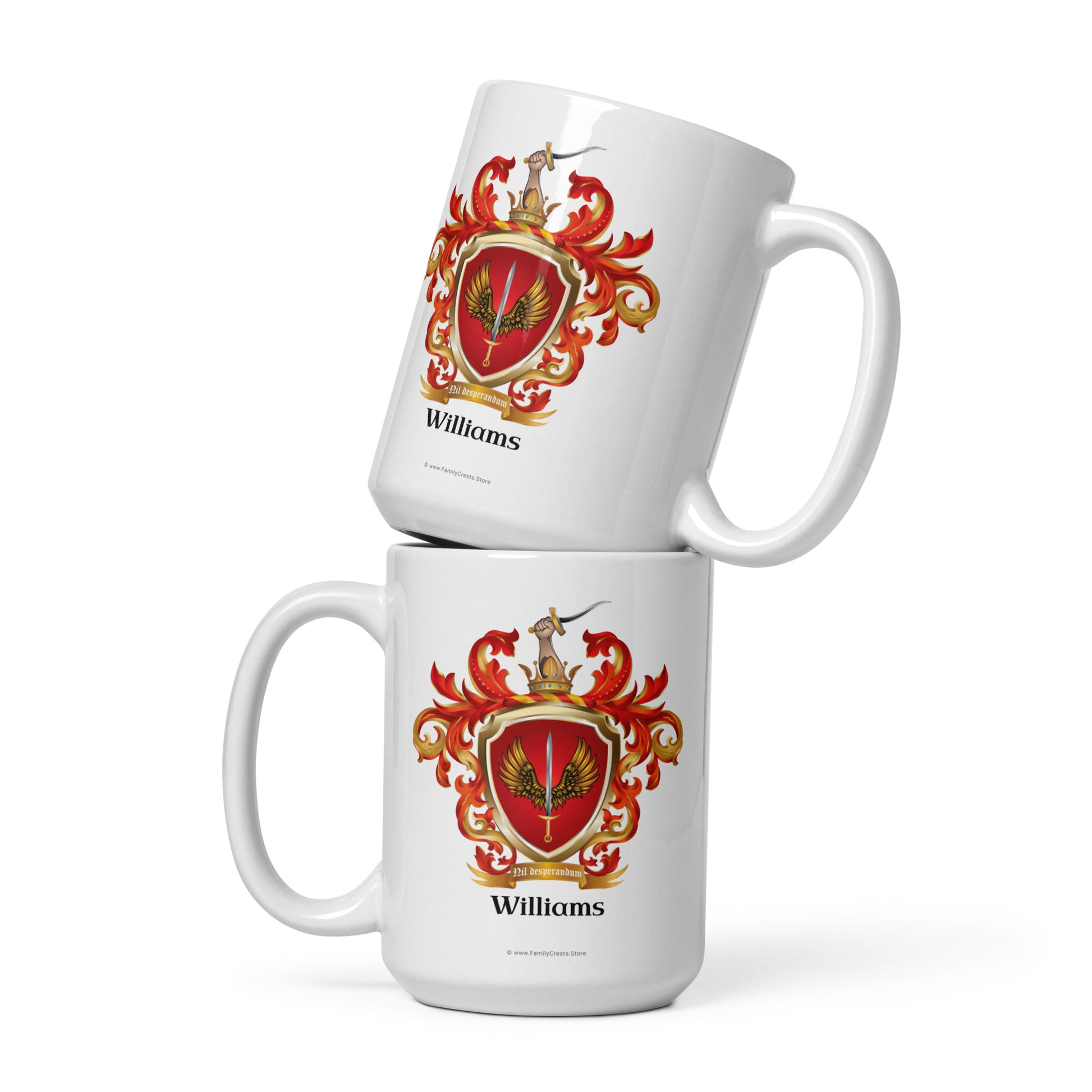Two white mugs with a family crest and 'Williams' text on a white background
