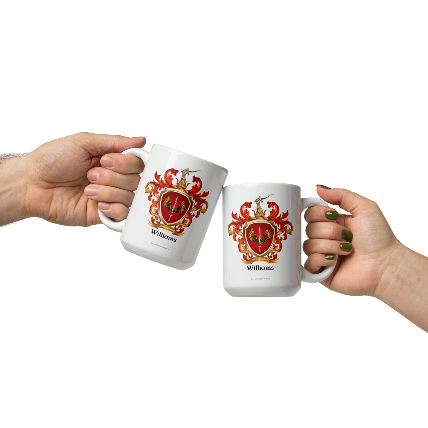 Two hands holding white mugs with a family crest design and 'Williams' text on a white background.