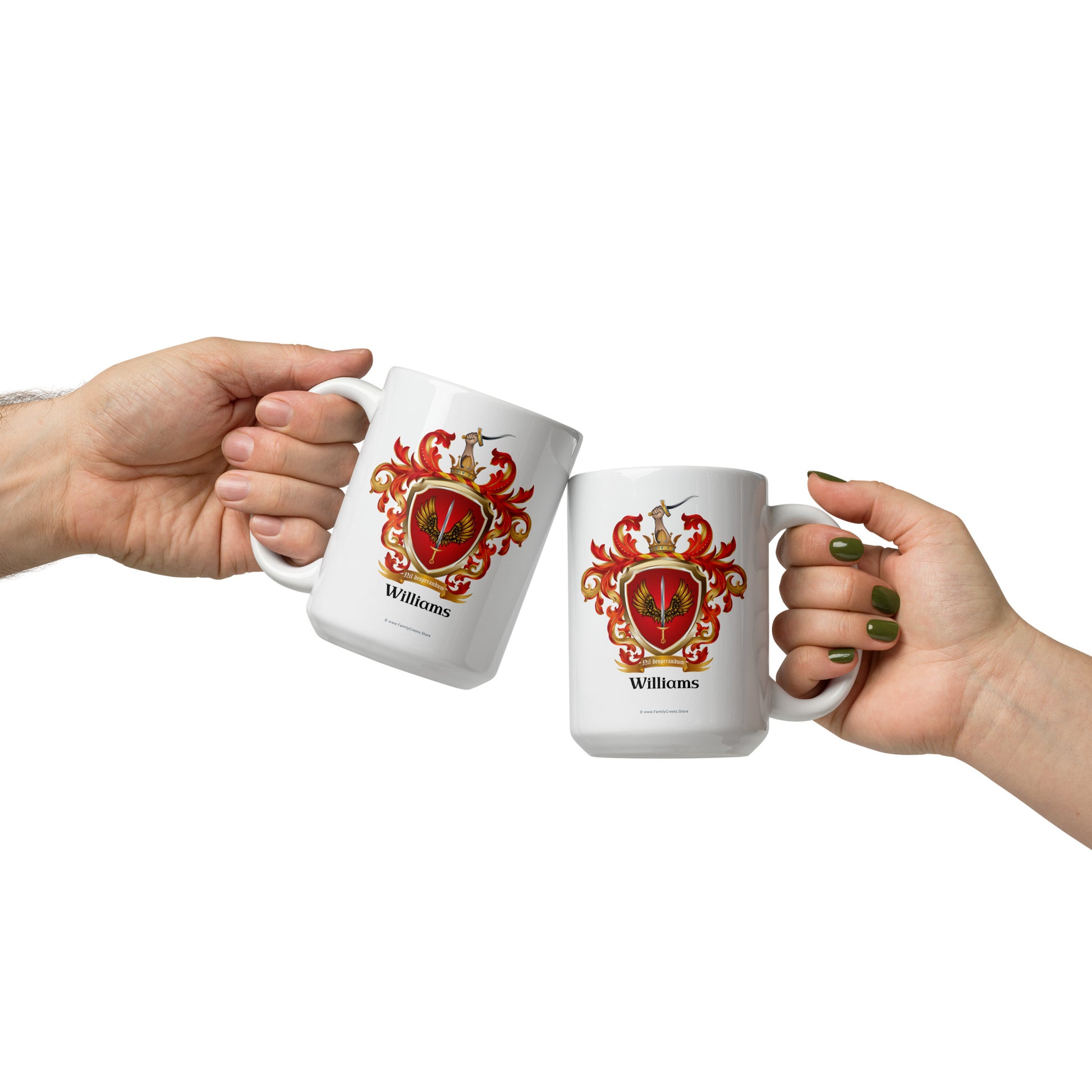 Two hands holding white mugs with a family crest design and 'Williams' text on a white background.
