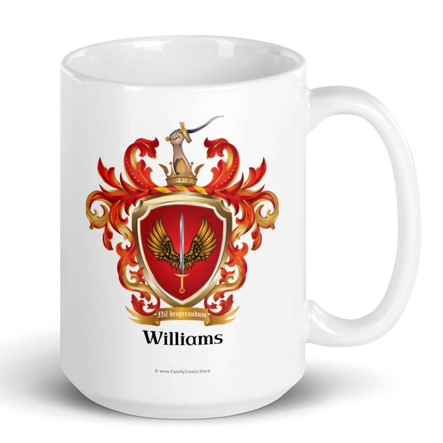 A white mug on a white background eith the mug having a Williams Family Crest featuring with wings and a sword on a red shield and the name Williams in black letters