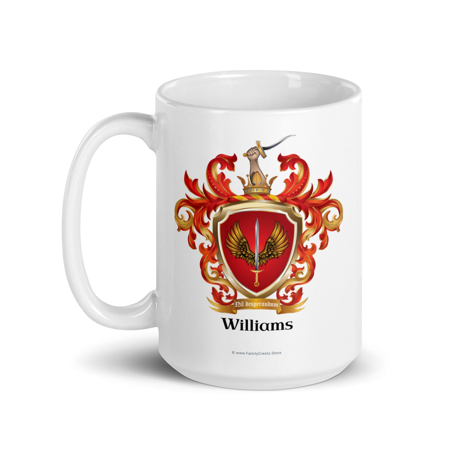 A white mug on a white background eith the mug having a Williams Family Crest featuring with wings and a sword on a red shield and the name Williams in black letters