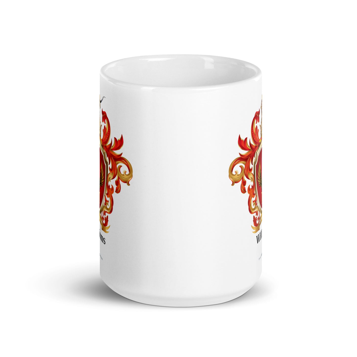 Williams Family Crest showing on opposite sides of a white mug