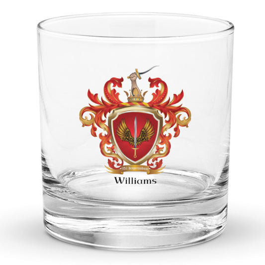 A Williams Family Crest on a rocks glass pictures against a white backdrop