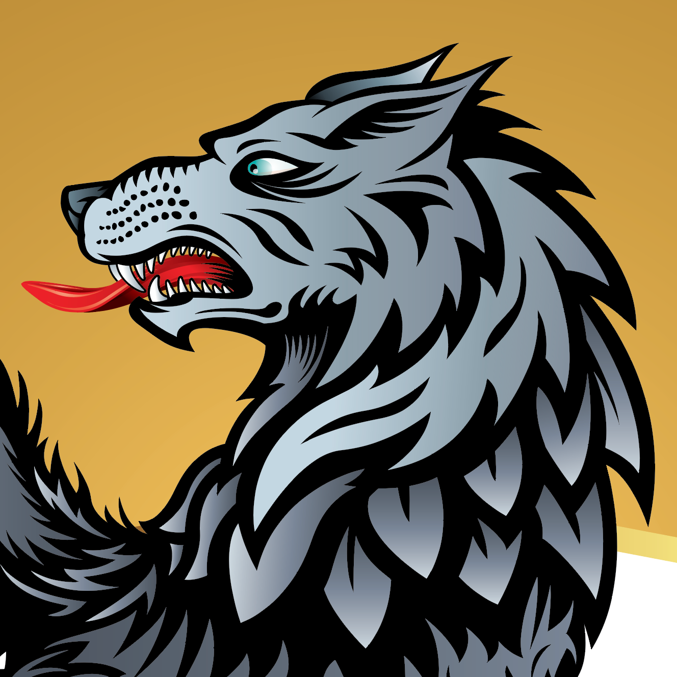 Detail from Wilson-Family-Crest-black-wolf coat of arms showing a stylized illustration of a wolf head with a fierce expression on a gold background