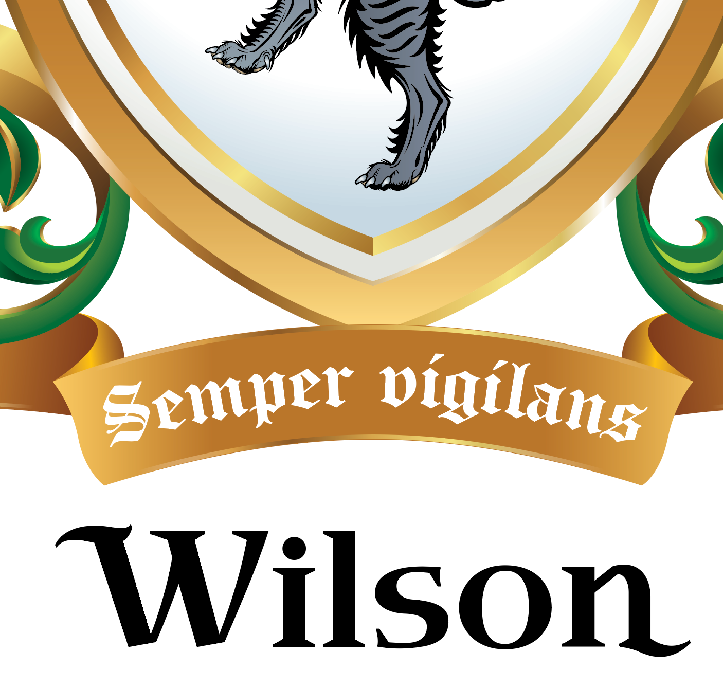 Detail from Wilson-Family-Crest-black-wolf coat of arms showing a motto 'Semper vigilans' banner, and 'Wilson' text on a white background