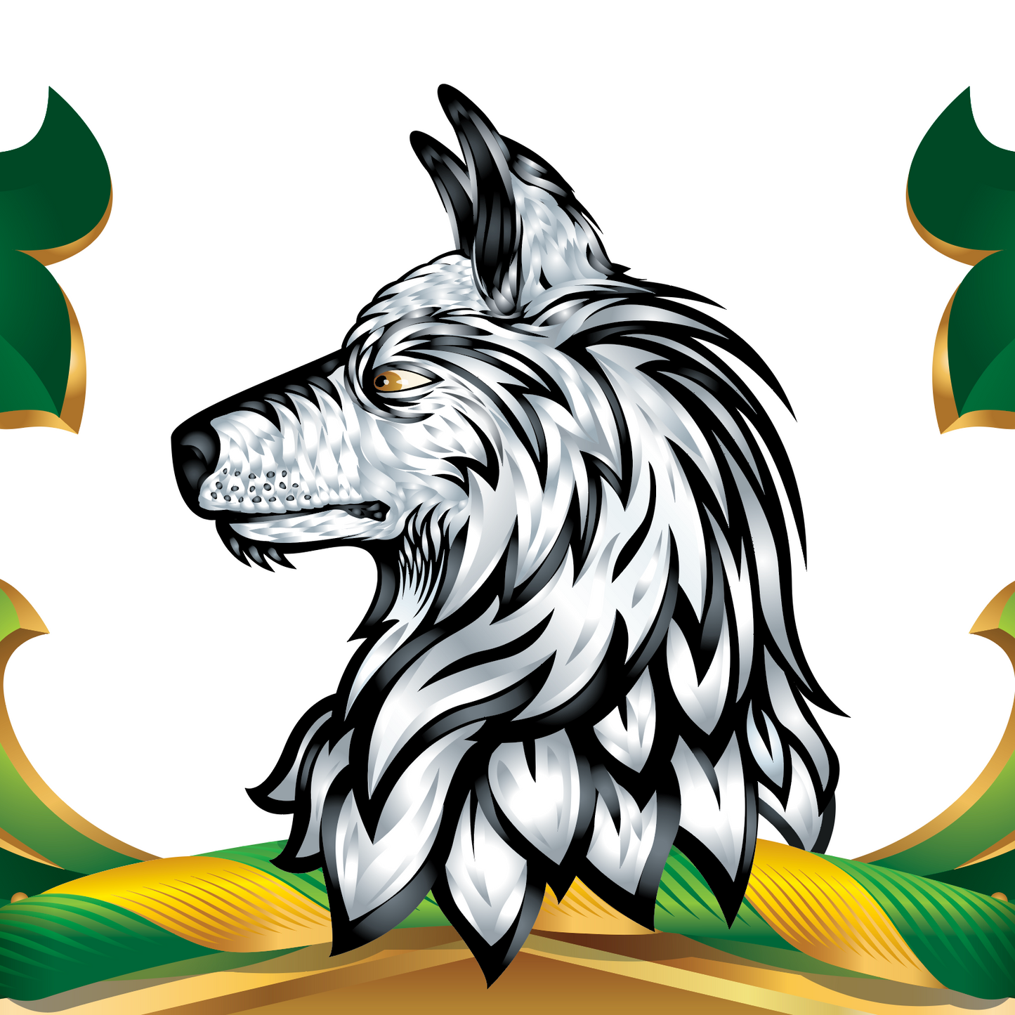 Detail from Wilson-Family-Crest-black-wolf coat of arms showing a wolf head design with green and gold mantling elements on a white background