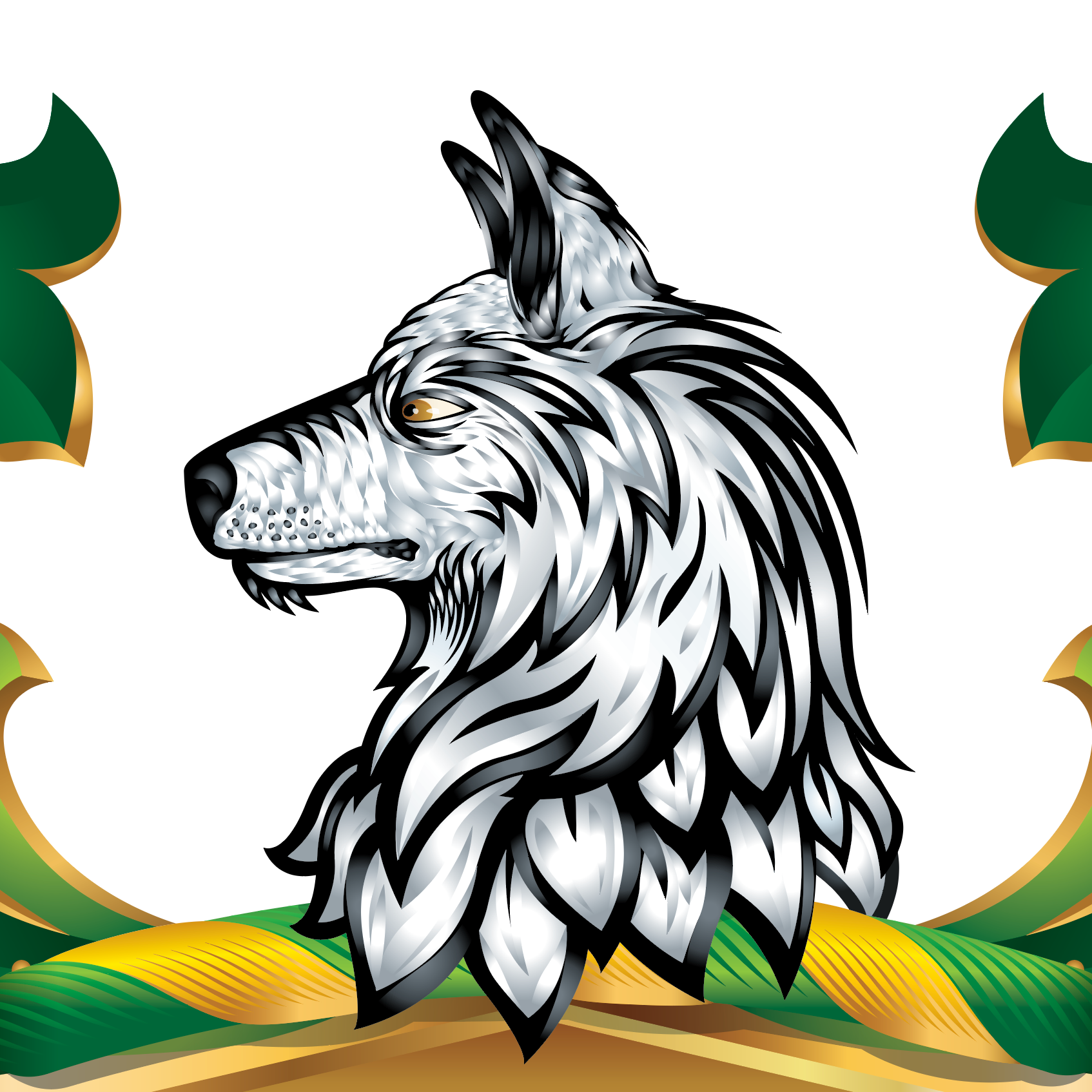 Detail from Wilson-Family-Crest-black-wolf coat of arms showing a wolf head design with green and gold mantling elements on a white background