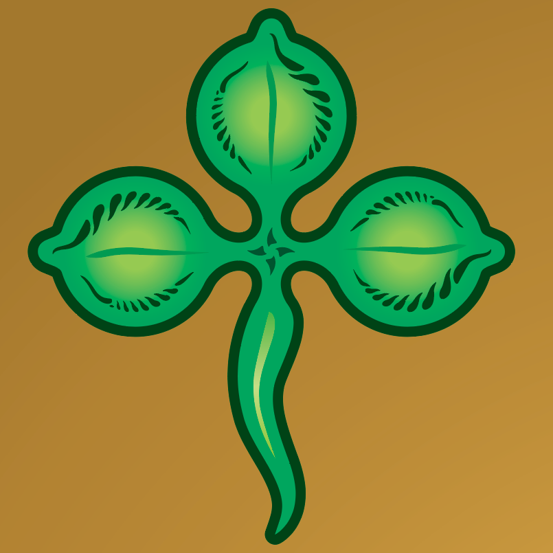 Detail from Wilson-Family-Crest-black-wolf coat of arms showing a green trefoil shamrock leaf design on a gold background