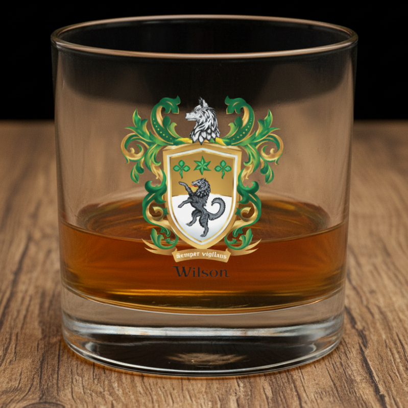 Glass with a coat of arms design and 'Wilson' family crest black wolf on a wooden table