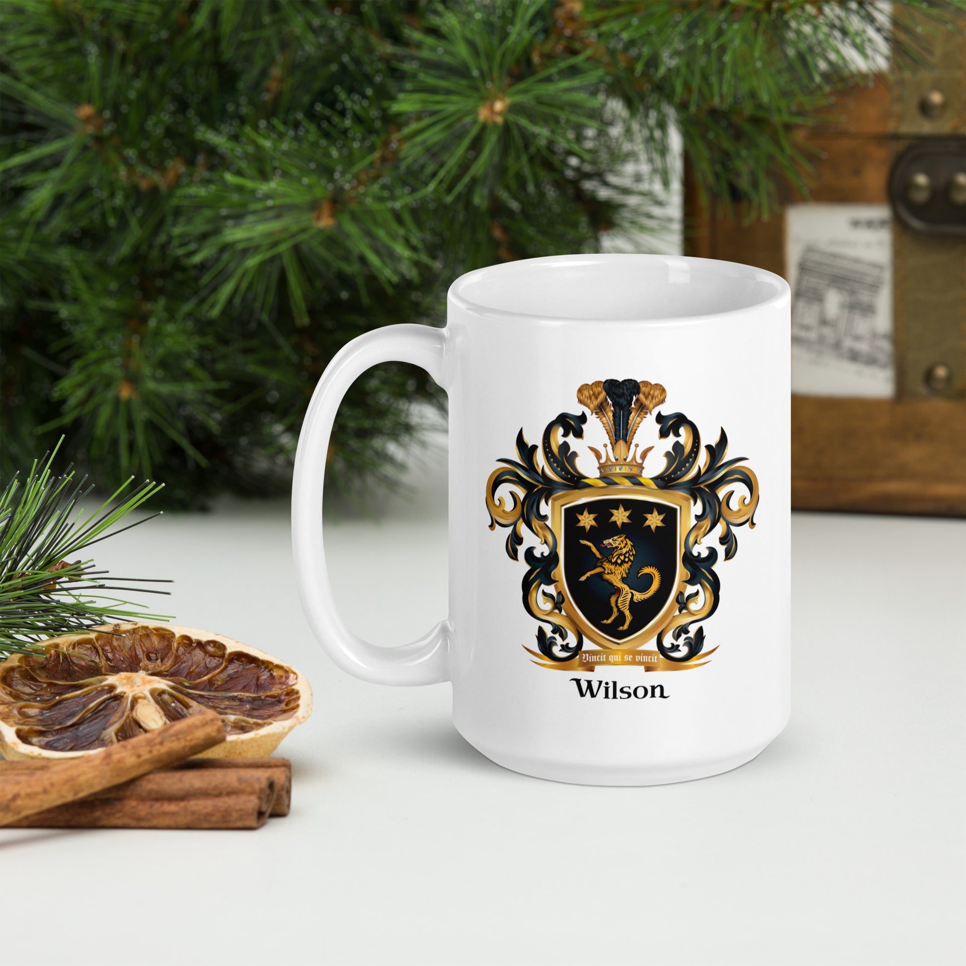 Wilson Family Crest mug - golden wolf-Family Crests Store