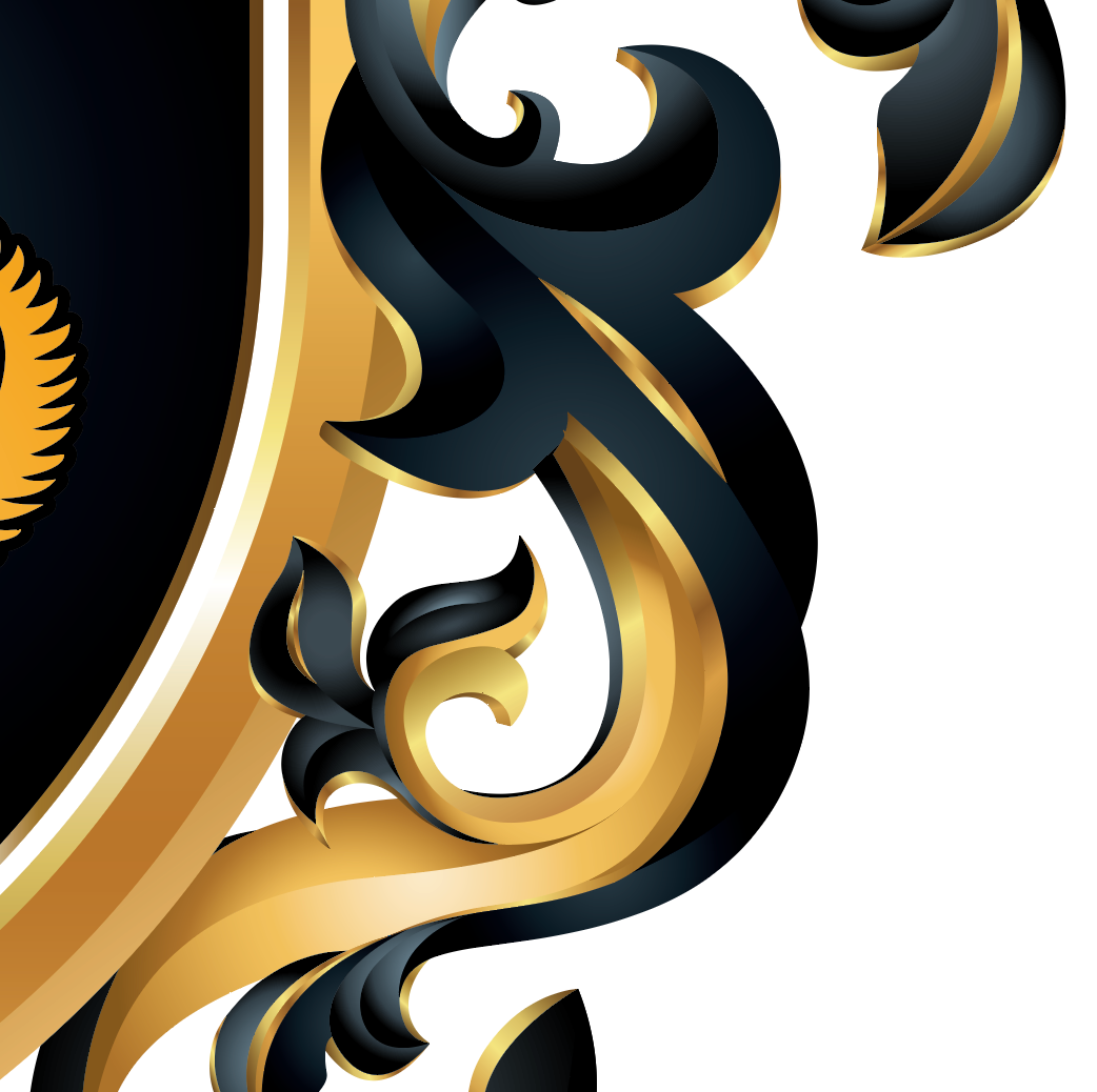 Close up of decorative black and gold mantling from Wilson family crest design on a white background 