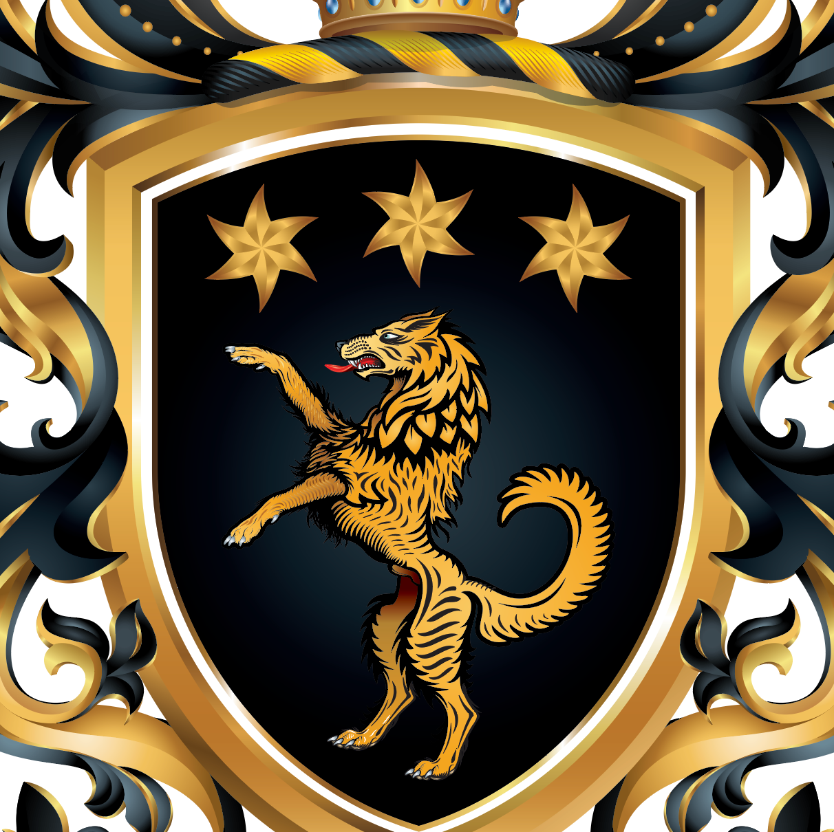 Close up of the Wilson Family Crest coat of arms with golden wolf on black shield with gold stars and mantling