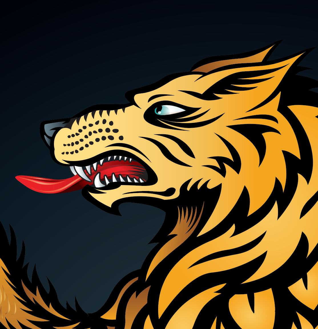 Close up of golden wolf head from the Wilson Family Crest coat of arms