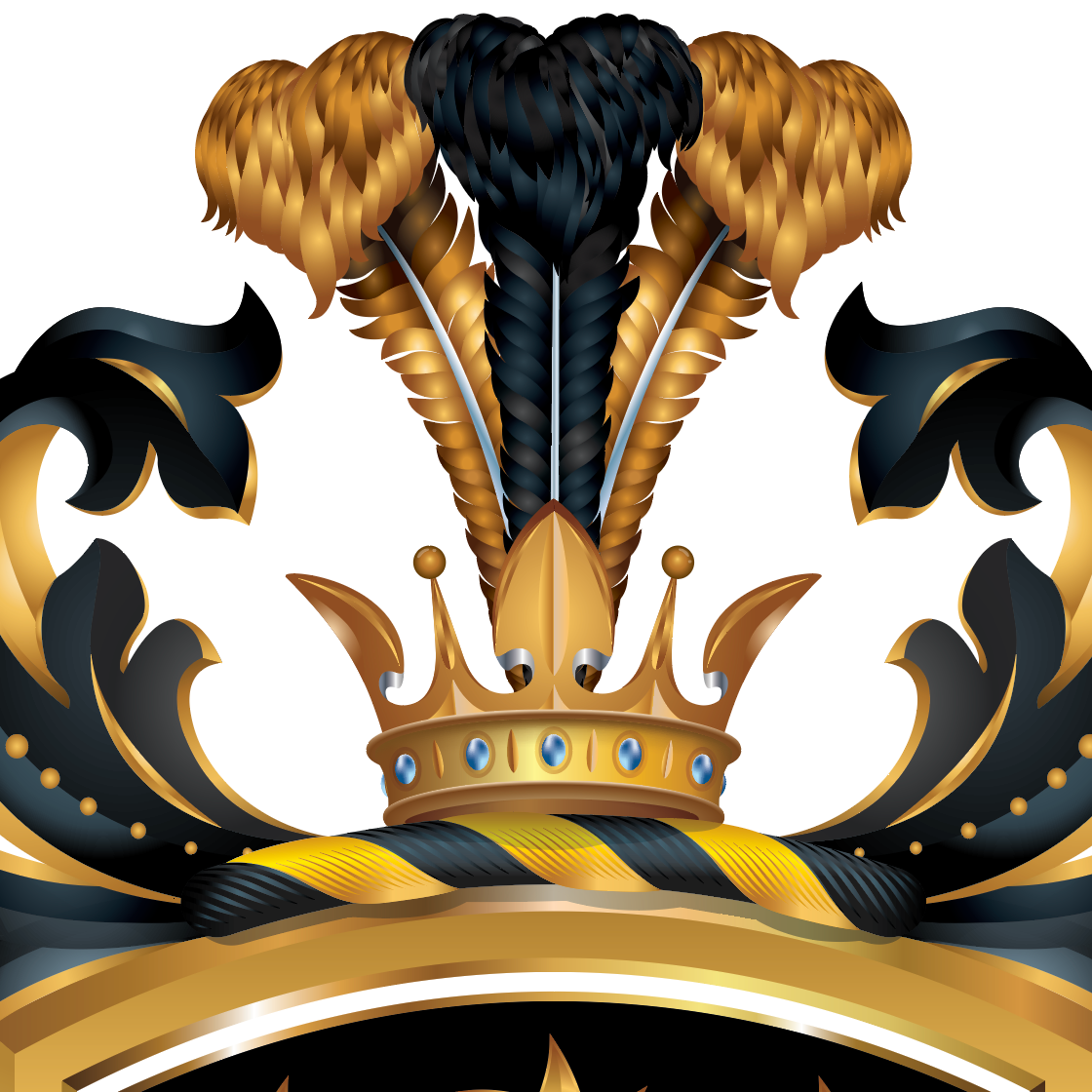 Detail from Wilson-Family-Crest with decorative gold crown, feathers, and black and gold mantling on a white background