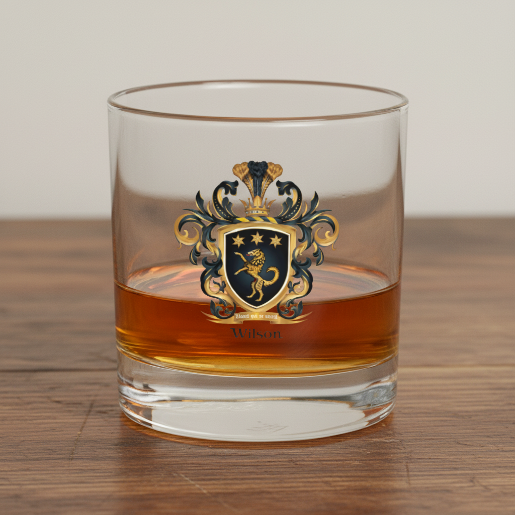 Wilson Family Crest rocks glass featuring coat opf arms with golden wolf and gold stars in a black shield on an wooden table top