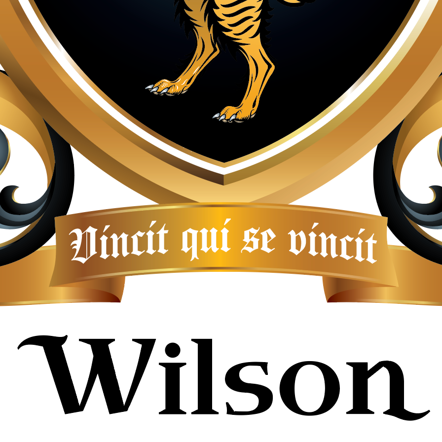 Wilson-Family-Crest motto banner, and 'Wilson' text on a black and gold background