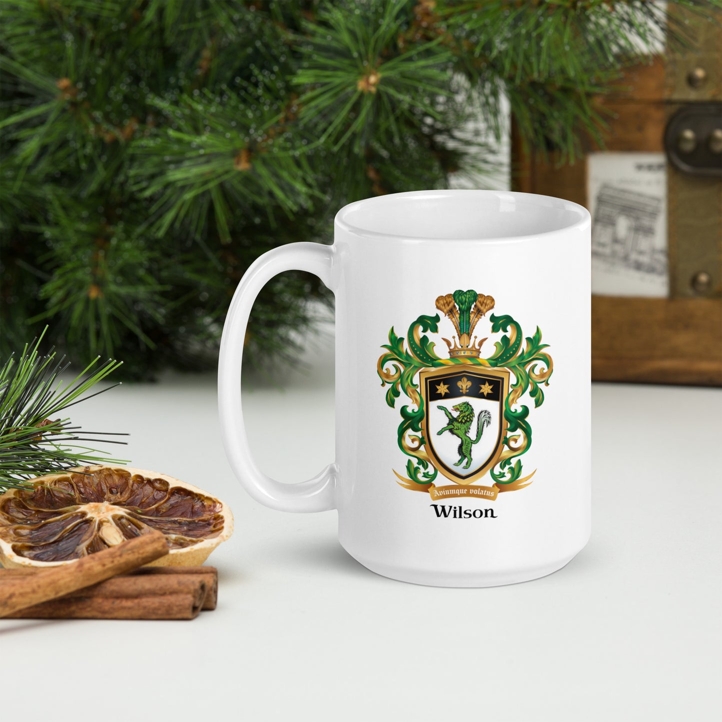 Wilson Family Crest mug - green wolf-Family Crests Store