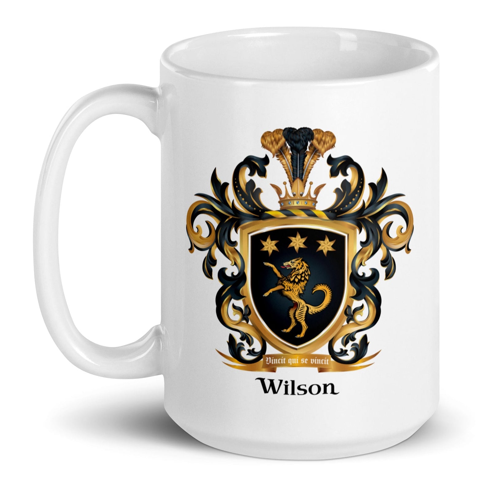 A white mug with handle on left pictured on a white background featuring the Wilson Family Crest with a gold wolf on a black shield with stars