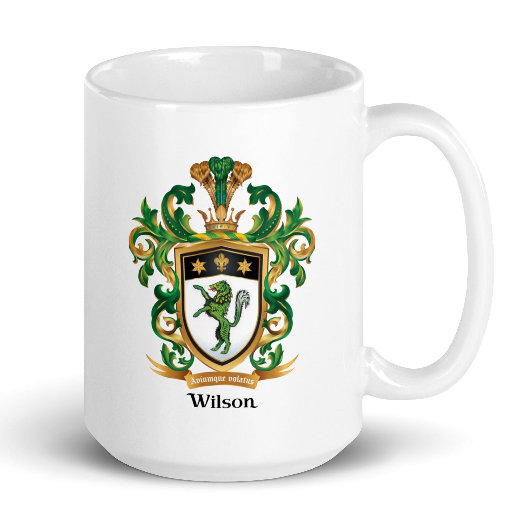 White mug with Wilson Family Crest featuring a green wolf on white background