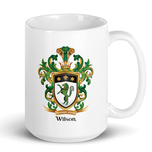 White mug with Wilson Family Crest featuring a green wolf on white background