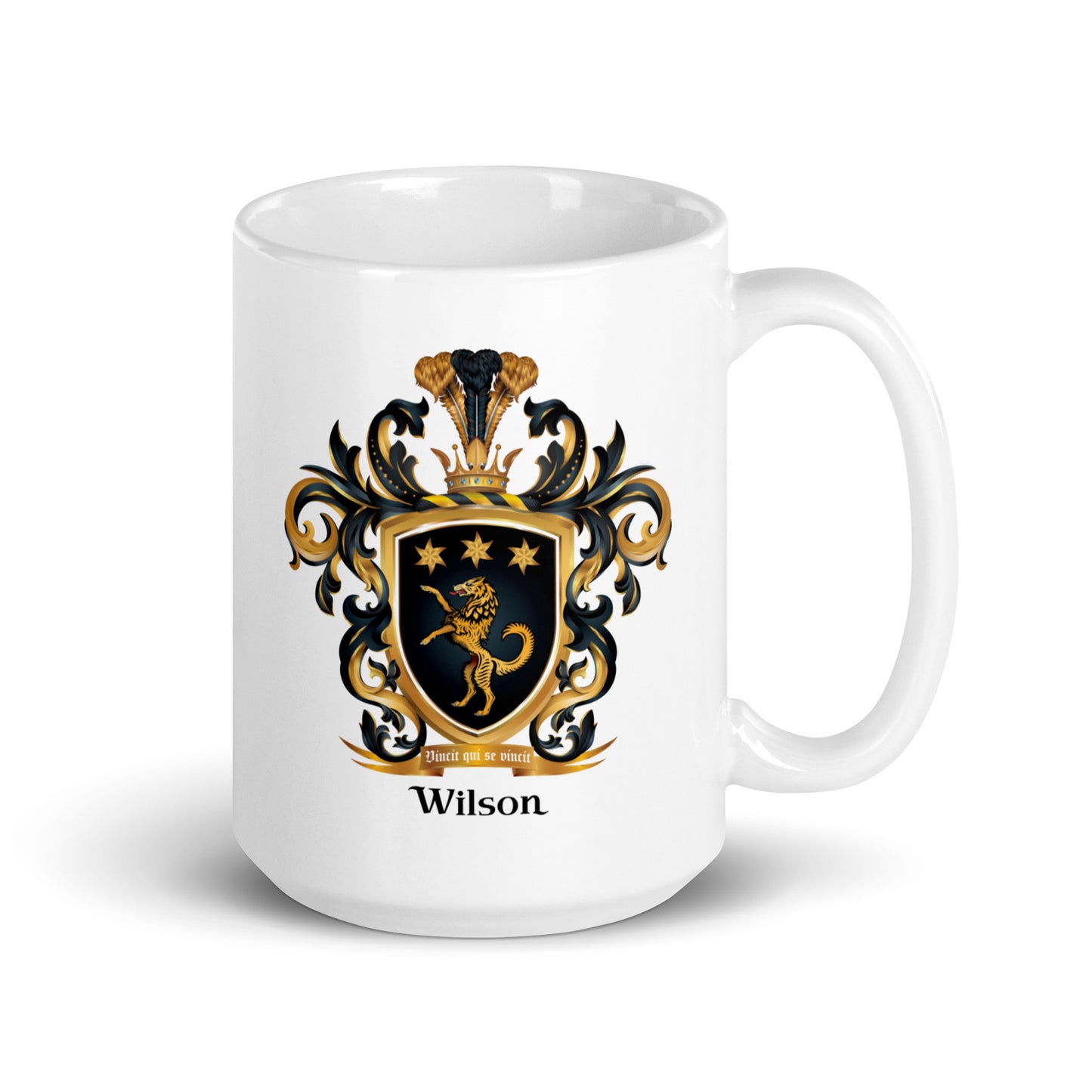 A white mug with the Wilson Family Crest gold wolf on a black shield with stars with the mug pictured on a white background
