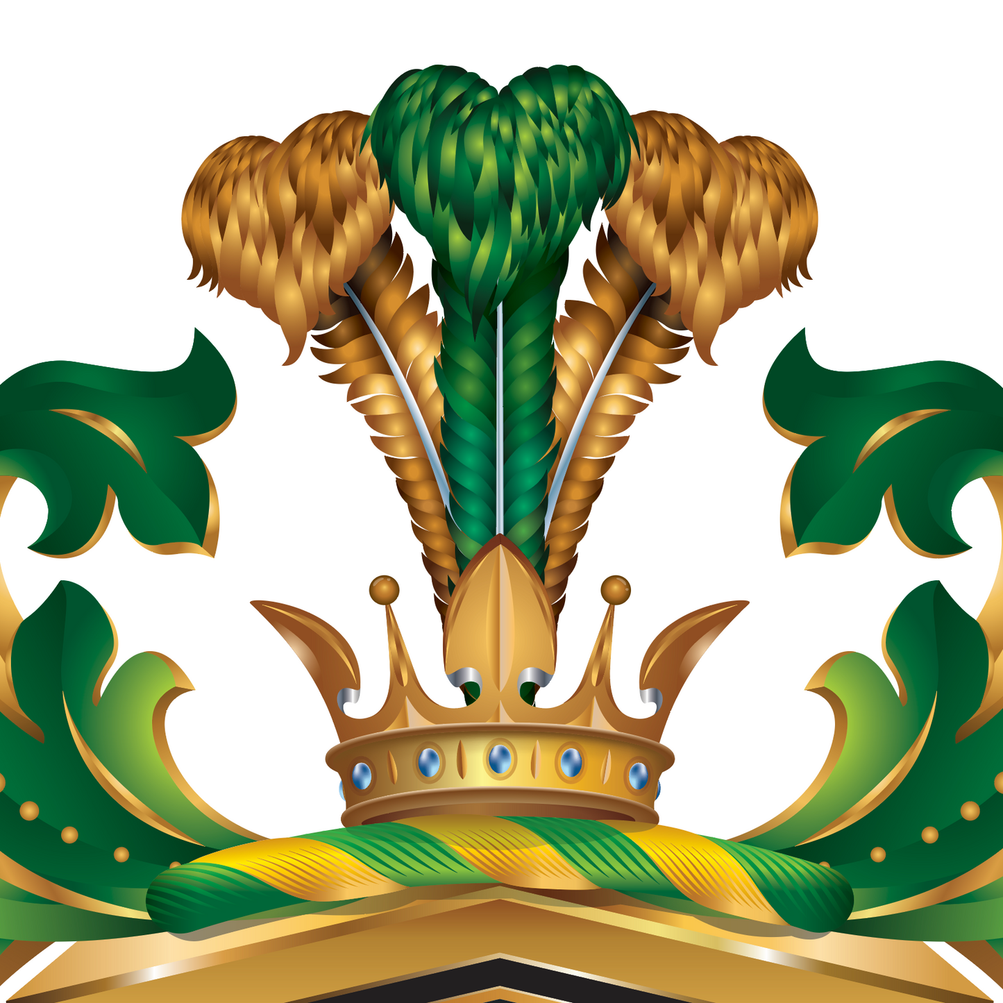 Wilson_Family_Crest_detail_close_up_of a crown, green fand gold eathers, and gold accents on a white background